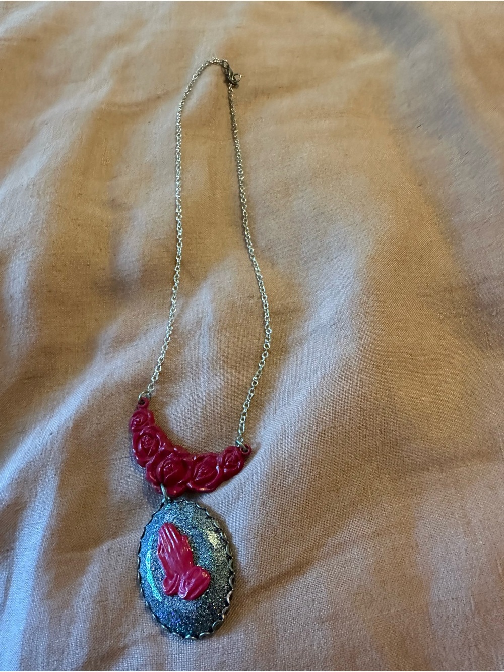 Vintage Pink Rose and Butterfly Pendant Necklace - Vintage
